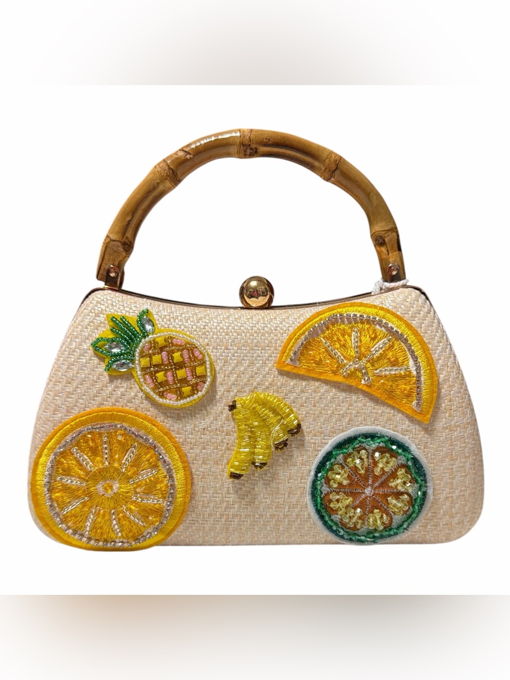 Haute Hippie Woven Straw Bamboo Handle Fruit Beaded Embroidered Crossbody Bag - Picture 3 of 11